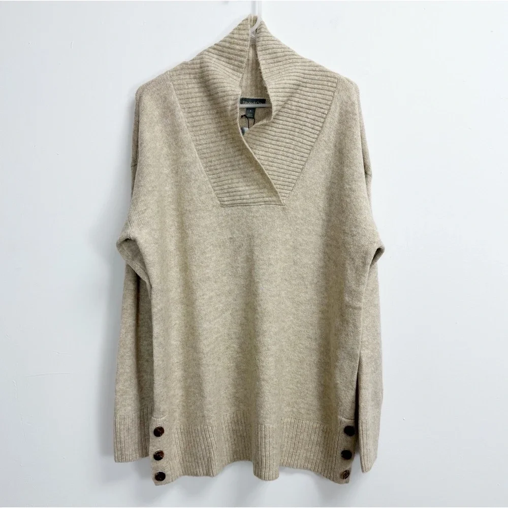 Style & Co Sweater Womens Medium Tan Beige Shawl Neck Tunic NWT Cozy